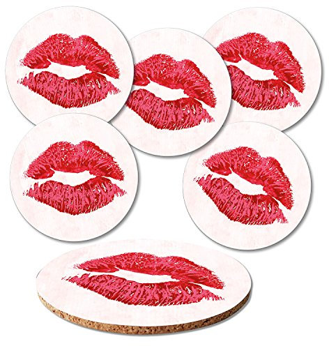 ADDIES Dessous de Plat 6 pièces Set Saint Valentin Joli Motif liebevollem, Verre présentée dans Un Coffret Cadeau Transparente et Dos en liège Rond Motif Baiser