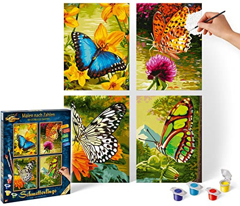 Schipper 609340628 Malen nach Zahlen, Schmetterlinge - Bilder malen für Erwachsene, inklusive Pinsel und Acrylfarben, Quattro je 18 x 24 cm