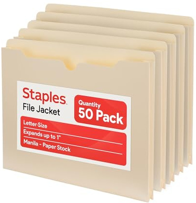 Staples File Jackets, Letter Size, 1‑Inch Expansion, Reinforced Manila Pocket Folders for Filing & Organization – 50/Pack