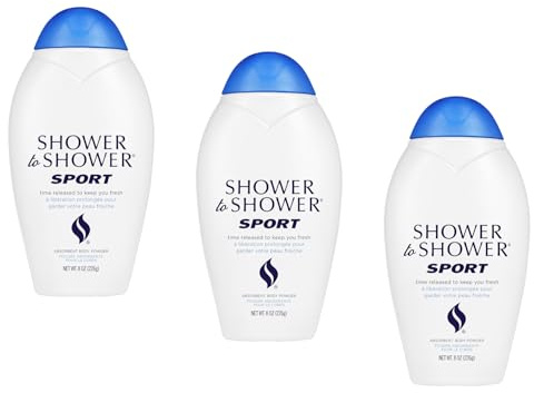 Shower to Shower Sport Body Powder for Men & Women, Talc Free, Sweat Absorbing, Prevents Chafing & Odor, Deodorizing All Over Body Powder for Long Lasting Freshness, 8 OZ (Pack of 3)