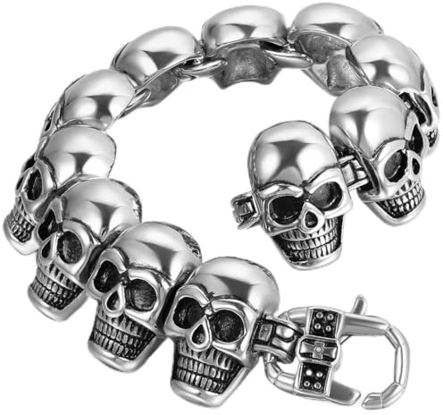 JewelryWe Stainless Steel Biker Gothic Skull Bracelet for Men Birthday Halloween Christmas