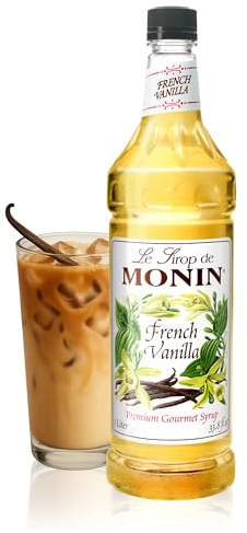 Monin - Jarabe de Vainilla Francesa, En Caja, Sabor Versátil, Sabores Naturales, Ideal para Cafés, Cócteles, Batidos y Bebidas para Niños, Sin OGM, Sin Gluten (1 Litro)