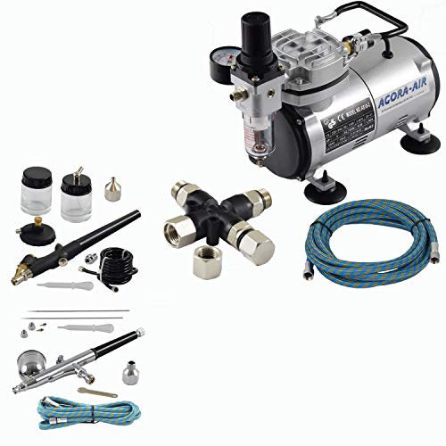 Agora-Tec® Airbrush Komplett-Set EXPERT VII.1, Komplettsystem für Airbrushanwendungen, inkl. Kompressor mit 4 bar und 20l/min + 2 Airbrushpistolen mit 0,2 & 0,3 & 0,5 & 0,8mm Nadeln/Düsen + 3-fach Luftdruckverteiler + 2 Schläuche + Adapter