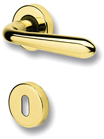 Maniglia per porte interne GM05-GHIDINI, in zama finitura gctol, con rosetta tonda Ø45x9 mm e bocchetta foro chiave, adatta per porte con spessore standard di 38-42mm