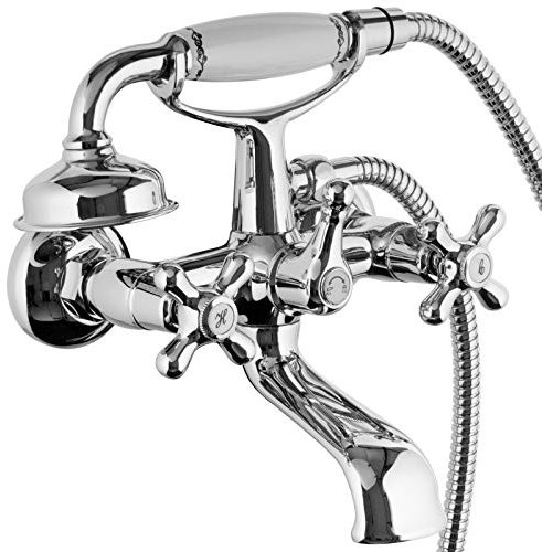 PaulGurkes Design Retro Nostalgie Wannenarmatur mit Handbrause Landhausstil Wannenfüllarmatur Mischbatterie Zweigriffarmatur Brausebatterie mit Duschkopf