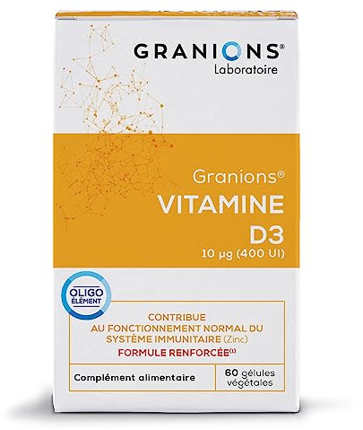 GRANIONS VITAMINE D3 400 Ui - Defense Immunitaire Adulte, Vitamine D3 + Zinc Bisglycinate - Complement Alimentaire Vitamine D, Vitamines Immunité Adulte + Capital Osseux -60 Gélules Vitamine D3