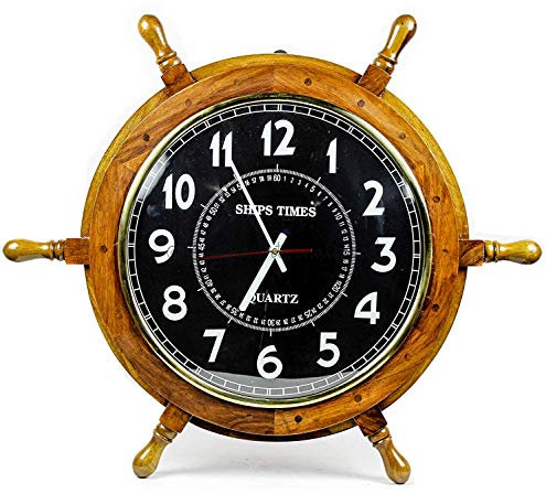 Nagina International Grande timone nautico in legno azzurro con orologio da capitano del tempo della nave, orologio decorativo per la casa dei pirati (30,5 cm, quadrante nero)