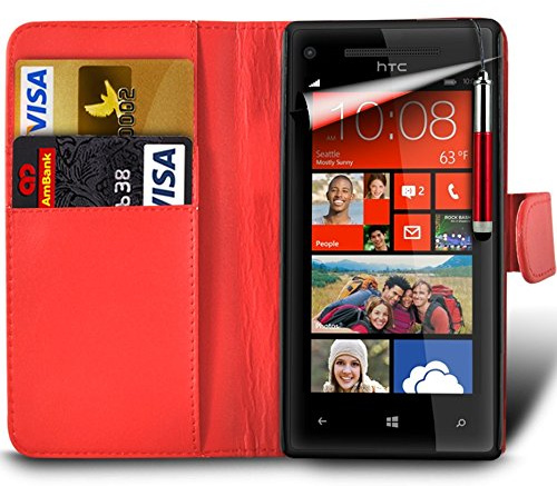 London Gadget Store Alcatel One Touch Pop 4 5051X Premium PU Leather Wallet Flip Skin Case Cover in RED with RETRACTABLE Capacitive Stylus Touch Screen Pen