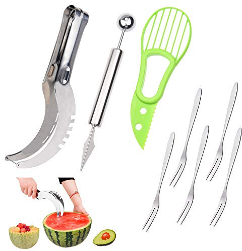 Kit per intaglio frutta di alta qualità: affettatrice per anguria in acciaio inox, coltello per melone e coltello per frutta 2 in 1 e affettatrice per avocado. Bonus: 5 forchette da frutta in acciaio