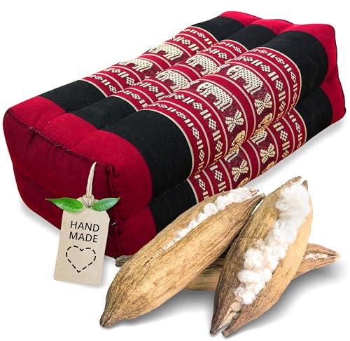 livasia block yoga cushion square-cut - 7x13x5″ - Meditation cushion kapok, Rectangular bolster support cushion, Yoga Pilates accessory neck cushion, Thai cushion firm hand made (Red/Elephants)
