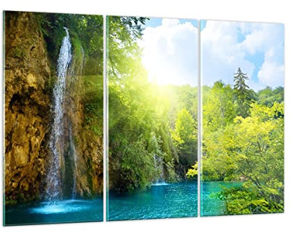 ARTTOR Glasbild 165x110cm Wandbild Glasdruck Landschaften Natur - 0157 | Wasserfall Wald Himmel Mehrteilige Groß XXL Modern Dekoration Wohnzimmer Schlafzimmer Küche Wanddeko Kunstdruck Art ARTTOR