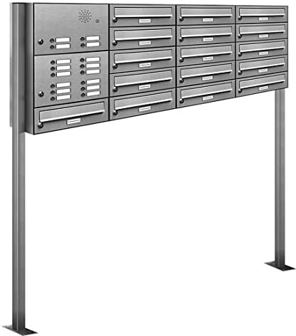 AL Briefkastensysteme 16er Briefkasten mit Klingel, Standbriefkasten modern, 16 Fach Briefkastenanlage in V2A Edelstahl Postkasten