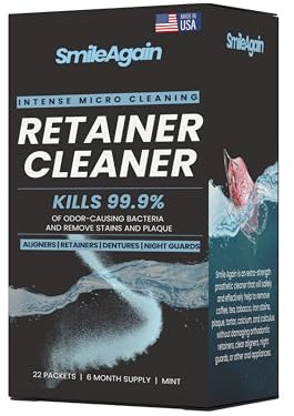 Nettoyant pour appareil de contention Smile Again - 180 nettoyages (0,17 g par nettoyage), 22 paquets/6 mois d'approvisionnement - pour aligneurs transparents, prothèses dentaires, appareils de