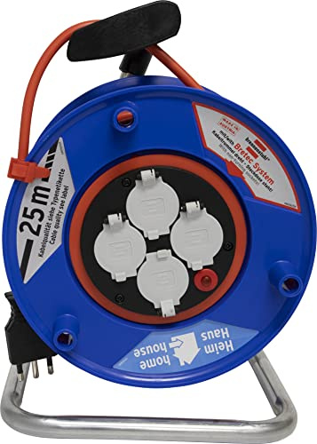 Prolunga Elettrica 25 Metri con Avvolgicavo Brennenstuhl | 4 Prese Elettriche Universali (Schuko + IT 10/16A) | Spina Piatta IT 16A, Cavo 25mt | Cavo H05VV-F 3G1,5 Ideale per Uso Esterno/Giardino