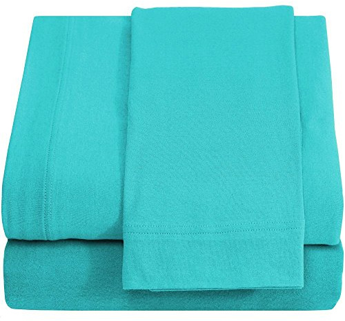 100% Cotton Breathable & Cooling Jersey Knit Bed Sheets - Dorm Room, Hospital & Split King Bed Sheets - Comfy Sheets - Deep Pockets - Bed Sheets - Twin XL Sheets (Aqua, Twin XL)