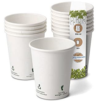 BIOZOYG 50x vasos desechables 200 ml / 8 oz, Ø 80 mm blanco con iconos medioambientales - vasos cafe sin plástico y con materiales sostenibles - vasos cafe desechables