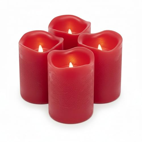 ToCi 4 x LED Kerzen Hellrot Ø 7,5 x 10 cm – Flammenlose Echtwachskerzen mit flackerndem Licht & Timer - LED-Stumpenkerzen mit An-/Ausschalter - Batteriebetriebene Dekokerzen für Advent & Zuhause