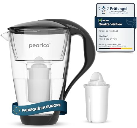 perlopur® Glas-Wasserfilter (schwarz) +1 Filterkartusche Universal | Borosilikatglas, 2 l gesamt, 1 l gefiltert, LED-Anzeige, für classic Kartuschen, reduziert Kalk, Chlor & andere Schadstoffe
