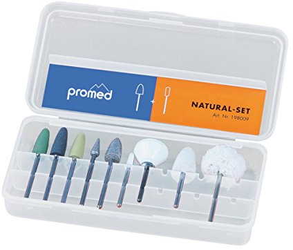 Promed Natural Schleifkörper-Set, 9 Schleifkörper für die Naturnagelbearbeitung, Bitset, Nagelfräser Aufsätze, Zubehör für Promed Fräser, Schaftdurchmesser 2,332 bis 2,350 mm.
