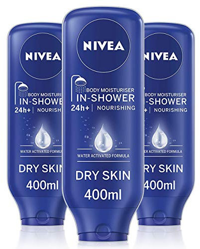 NIVEA In-Shower Körperfeuchtigkeitspflege Pflegend für trockene Haut 3er Pack (3 x 400 ml) Körperfeuchtigkeitspflege für die Dusche Feuchtigkeitspflege für Frauen mit Mandelöl