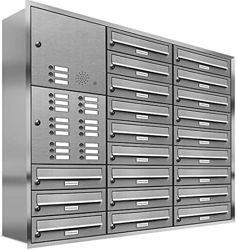 AL Briefkastensysteme, 21er Unterputzbriefkasten, Briefkasten mit Klingel, 21 Fach, Briefkastenanlage modern, rostfrei Edelstahl Postkasten