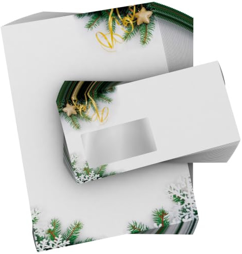 Weihnachtsbriefpapier Set mit Fenster-Umschlag 100 tlg. | Tannenzweige | 50 Blatt Motivpapier A4 + 50 DIN LANG-Kuverts | weihnachtliches Briefpapier Set