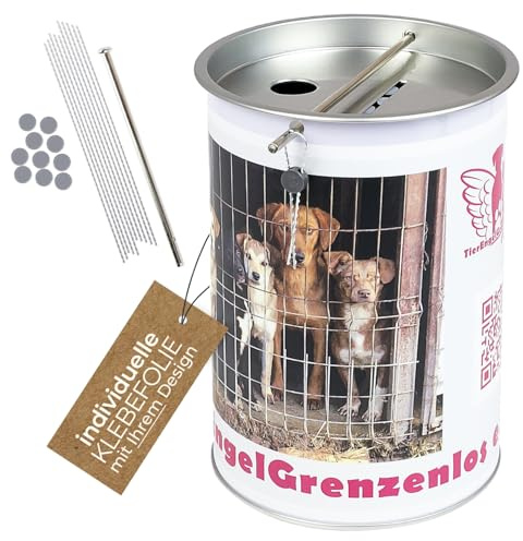 HMF Spendendose individuell Bedruckt für Vereine und gemeinnützige Organisationen, Spendenbox aus Blech mit Münzschlitz und Scheineinwurf für Geldspenden | 1 Stück | Ø 10 cm x 14,5 cm