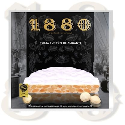 1880 Torta Individual Turrón de Alicante Almendra, Textura Crujiente, Sin Gluten, Calidad Suprema, Denominación de Origen, Receta Tradicional, Formato Redondo, 200 Gramos