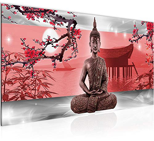 Runa Art Wandbild Buddha Feng Shui 1 Teilig 100 x 40 cm Modern Bild auf Vlies Leinwand Sakura Wohnzimmer Schlafzimmer Grau Rot 504912a