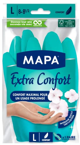 MAPA - Extra Confort - Gants de Ménage en Latex Doublure Textile 100% Coton - Confortables et Résistants pour un usage prolongé - 1 paire - Taille L