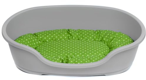 Hundekorb 48 cm - 125 cm mit Kissen / 71 cm Korb warmgrau - Tupfen grün