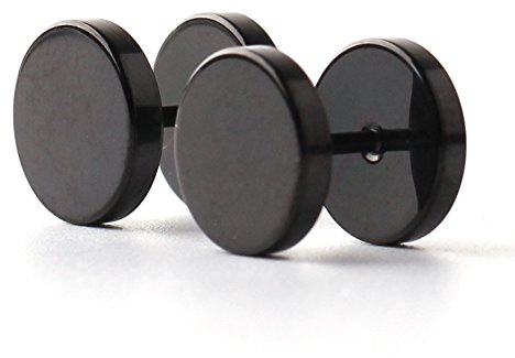 Ruifan 18G Men,Women's 10mm Stainless Steel Fake Screw Studs Earrings Tapers Plugs Gauges Illusion Tunnel(Black) 2pcs