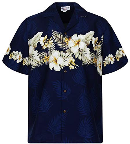 P.L.A. Pacific Legend - Camicia Hawaiana Originale, a Maniche Corte, da Uomo, con Bottoni, con Stampa Hawaiana, Stampa sul Petto Blu, XL