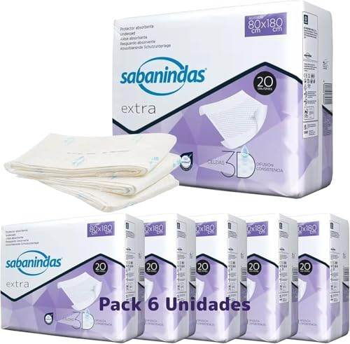 INDAS SABANINDAS -Pack 6 Paquetes de 20 Protectores de Cama Extra 80 x 180 - Protectores Absorbentes, Ideal para Incontinencia, Confort y Seguridad - Libre de Látex