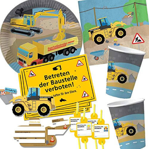90-tlg. BAUSTELLEN PARTY SET für Kindergeburtstag mit 6-8 Kinder: Teller, Becher, Servietten, Einladungen, Papier-Trinkhalme, Platzsets, Luftballons, uvm | Motto Deko Kinder Geburtstag Baumeister Bauarbeiter Bauen Bob