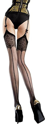Fiore Bas pour porte-jarretelles avec couture en large top fantaisie, noir, taille 3