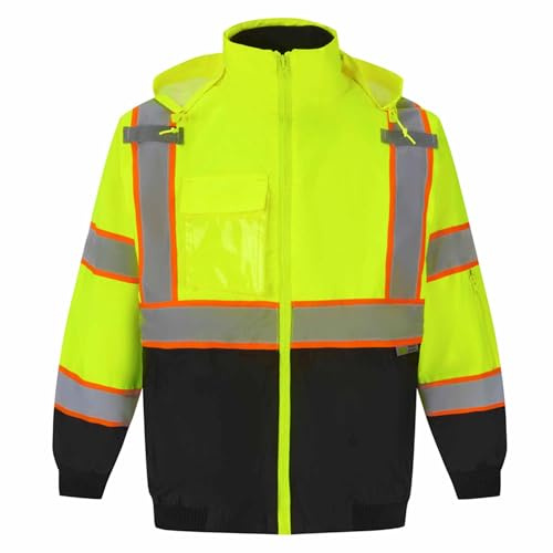 3C SAJ5710, ANSI Class 3, High Vis 3-in-1 Bomber Jacket, Water Resistant, Removable, Reflective, Neon Green w/Blk Bottom,3XL