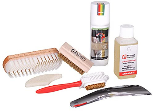 Wildleder Pflegeset 7tlg - für Bekleidung Schuhe Taschen - Nubuk Messingbürste - Veloursleder Kreppbürste - Lederwaschmittel - Bufalo Velour Nubuk Pflege - Wildlederbürste - Schuhanzieher -