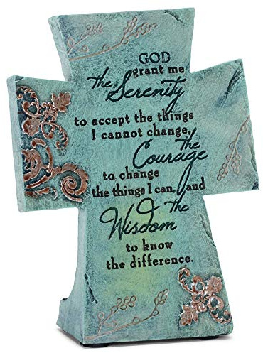 Serenity Prayer Aqua Filigree 4 x 6 Resin Stone Table Top Cross Decoration