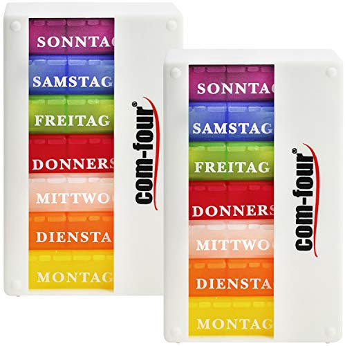 COM-FOUR® Distributeur de médicaments 2x 7 jours - boîte à pilules - boîte à comprimés - distributeur hebdomadaire [Langue: Allemand] (blanc + blanc)