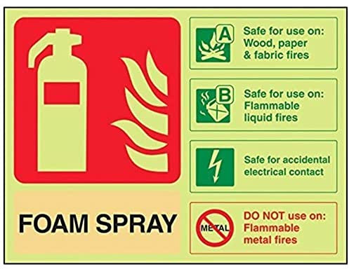 vsafety 11024 ar-g señal de extintor, espuma spray ID seguro para contacto eléctrico, brilla en la oscuridad), 1 mm, de plástico, Horizontal, 200 mm x 150 mm, color beige/negro/verde/rojo