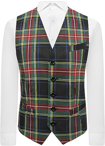 King & Priory Traditional Dark Green Tartan Check Waistcoat, Scottish, Stewart (XL)