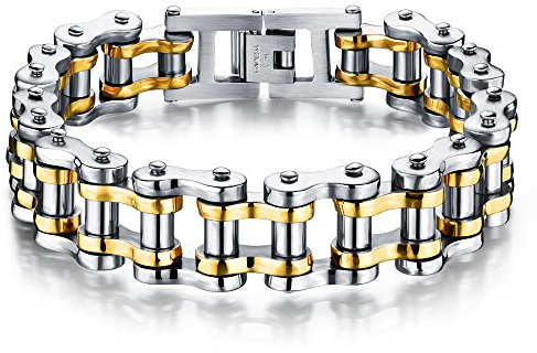 jonline24h Stainless Steel Motorcycle Biker Chain Heavy Bracelet Rock Link Wristband Bangle 8.4inch(Gold Silver)
