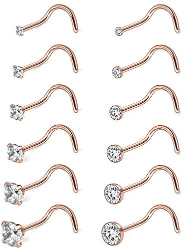 Ruifan 12PCS 18G 316L Surgical Steel 1.5mm 2mm 2.5mm 3mm 3.5mm 4mm Clear Round Diamond Cubic Zirconia Crystal Nose Screw Studs Rings Piercing Jewelry - Rose Gold