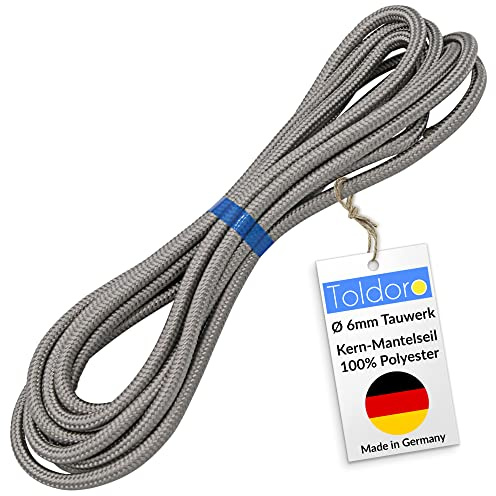 Toldoro® Cordage 5m et Ø 6mm Gris/Corde pour Parasol en Polyester/Corde Solide avec Charge de Rupture de 800kg et 1050 daN/Corde Marin et Corde Voile ombrage