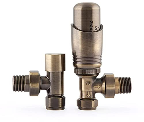 Castrads Niva Angled Thermostatic Radiator Valve & Lockshield Set (Antique Brass)
