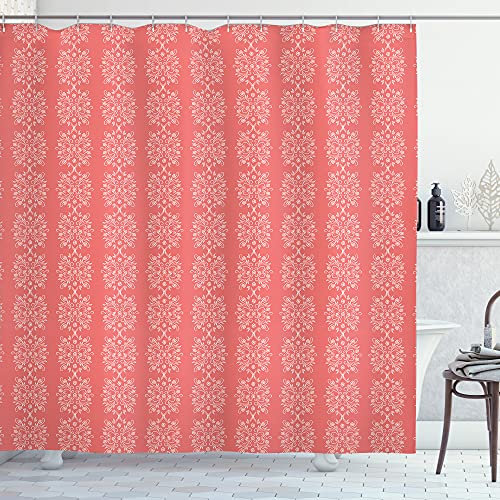 ABAKUHAUS Abstrakt Duschvorhang, Vertikale Blumen-Motiv, Stoffliches Gewebe Badezimmerdekorationsset mit Haken, 175 x 180 cm, Koralle und Weiß