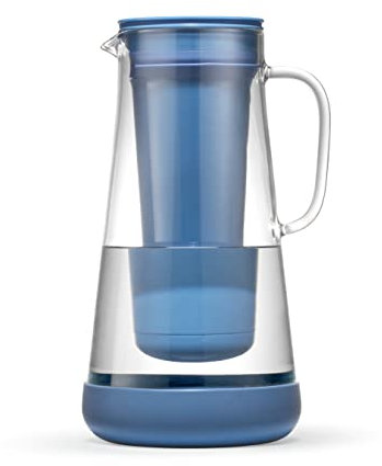 LifeStraw Home - Jarra de filtro de agua, 7 tazas, vidrio con base de silicona, azul tormenta, para protección diaria contra bacterias, parásitos, microplásticos, plomo, mercurio, PFAS y una variedad