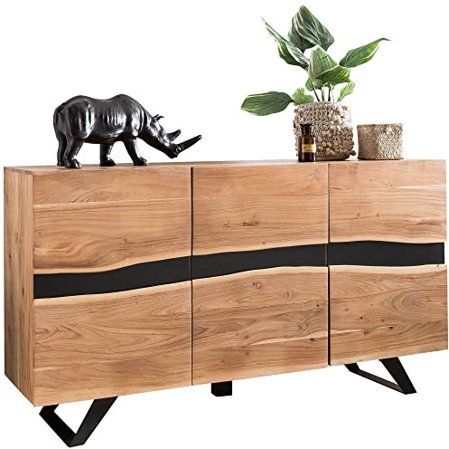 möbelando Sideboard 148 x 85 x 43 cm Massiv-Holz Akazie Natur Baumkante Anrichte | Landhaus-Stil Highboard mit 3 Türen | Flur Schrank Kommode