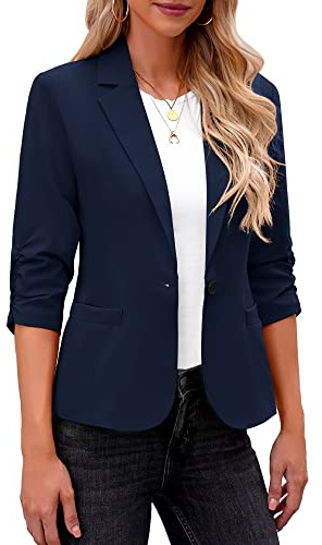 Roskiky Blazer élégant pour femme, veste à manches 3/4 d’affaires, look décontracté, costumes pour bureau, bleu marine, M